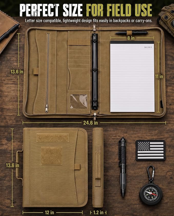 Tactical Padfolio, Detachable 3-Ring Binder with Zipper | Multi-pocket nylon organizer with carry handle, 40 letter-size sheets, pen and compass for field work, office and school