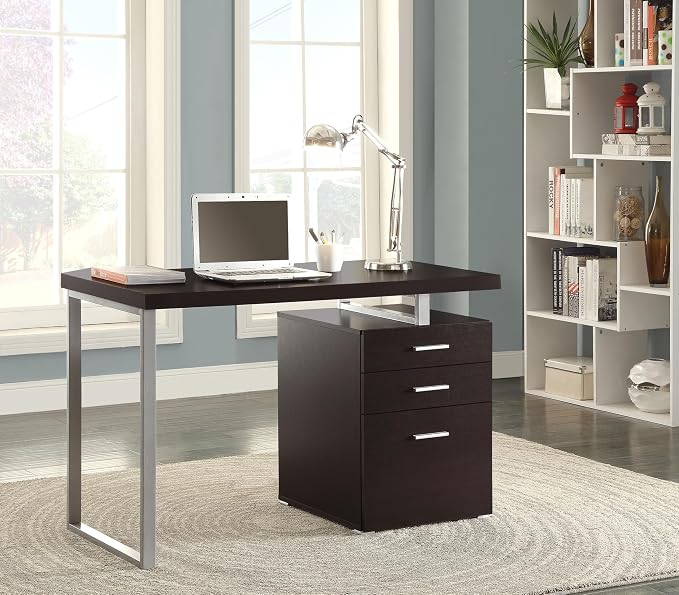 Coaster Home Furnishings Brennan Modern Contemporary Home Office 3-Drawer Writing Desk with Drawers Computer Desk Study Table File Cabinet Storage Silver Metal Frame Cappuccino Brown 800519