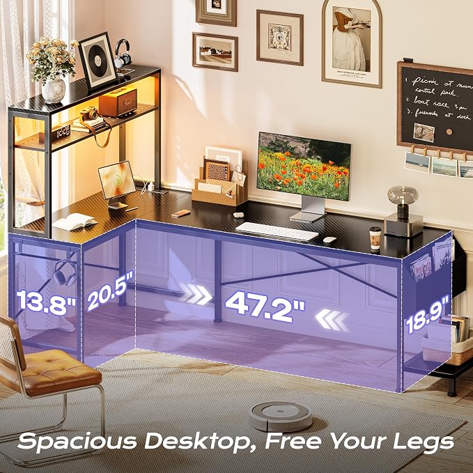 L Shaped Gaming Desk with LED Lights & Power Outlets | Reversible Computer Desk with Storage Shelves & Bag, Large Corner Home Office Desk for Work from Home, Carbon Fiber Black