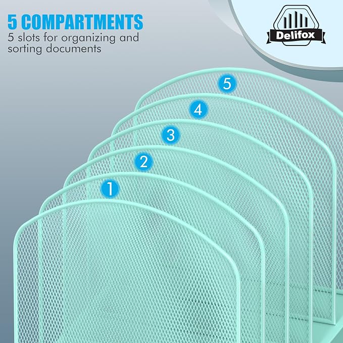 Delifox Inclined Desk File Organizer,Vertical File Folder Holder Stand Metal Rack File Sorter for Office Classroom Desktop Organization (1, Aqua, 5)