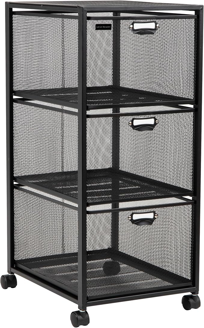Mind Reader Office Storage Organizer with Mesh Drawers Label Holders and Optional Wheels, Metal Mesh, Black