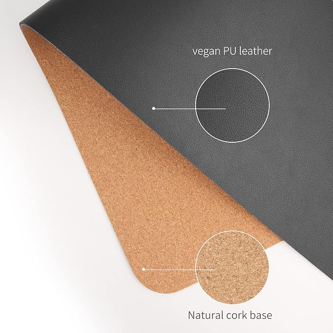RENMTURE Dual-Sided Mouse Pad, Natural Cork & PU Leather Large Desk Pad for Office and Home Work, Desk Protector Non-Slip, Waterproof, Easy Clean (Black, 23.6" x 13.7")