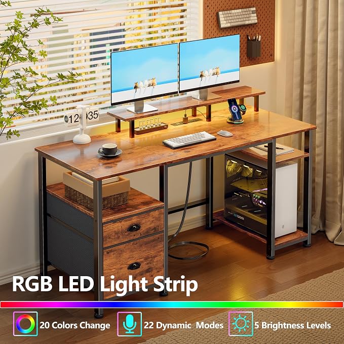 Furologee 51" Computer Desk with Outlets & LED, Desk with Drawers, Brown | Reversible Computer Desk for Office, AC Outlets & USB, Drawer & File Cabinet, Ergonomic Monitor Stand, Adjustable Shelf
