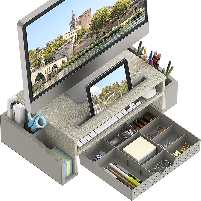 Simple Houseware Desk Monitor Stand Riser w/ Adjustable Tray, Maple | Built-In Tablet Slot and Side Storage