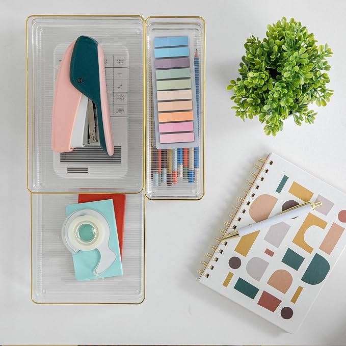 Martha Stewart Kerry Stackable Desk Drawer Organizers, Clear/Gold, 5-Pack | Various Sizes, Gold Trim, Stackable