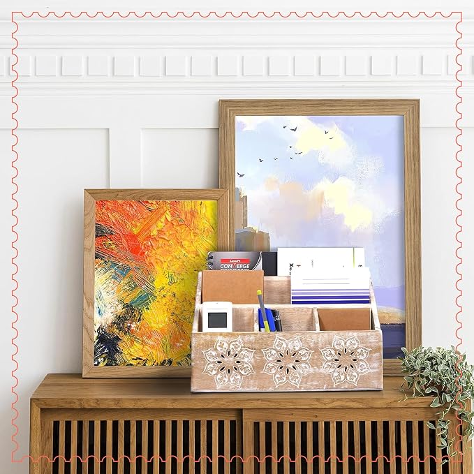 Serena Mango Wood Desk Organizer - Whitewash, 13 in | Functional mail holder featuring 5 compartments tailored for home desk organization, mail storage and rustic office decor.