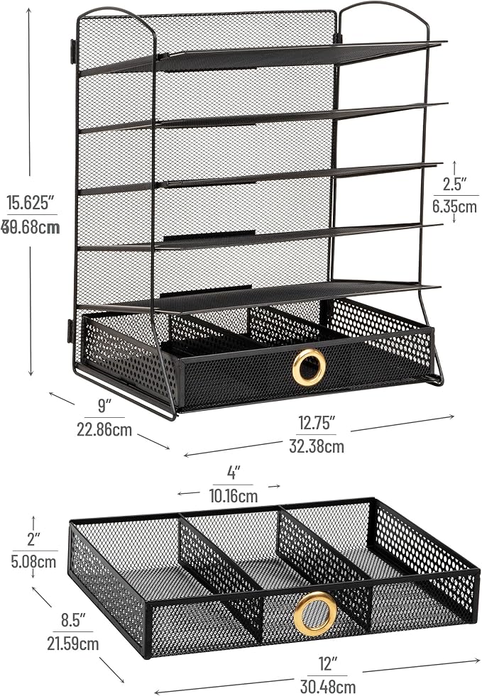 Mind Reader 5 Tier Desk Organizer, Black | Sliding Trays and Drawer, Metal Mesh File Sorter, Angled Shelves, Divided Storage