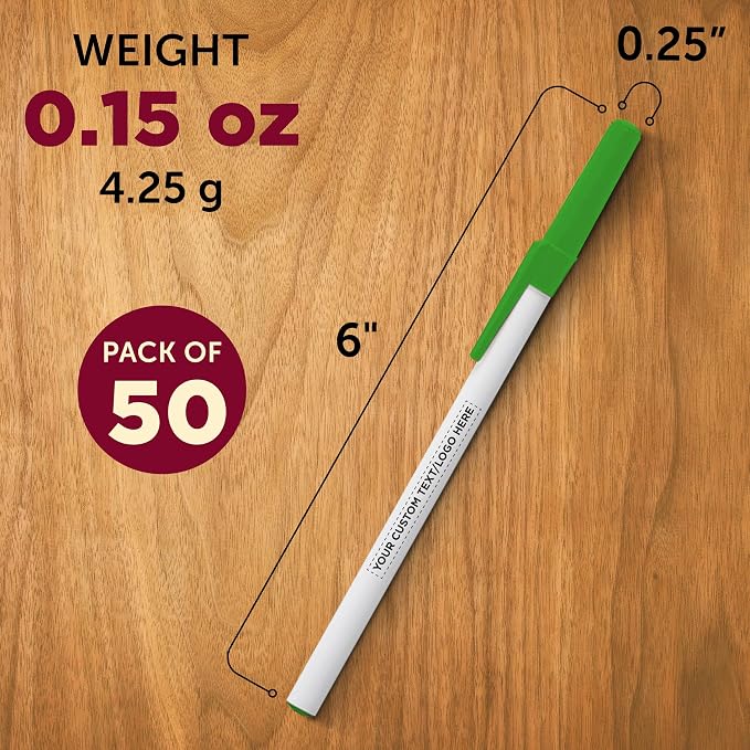 DISCOUNT PROMOS Custom Value Stick Pens Set of 50, Personalized Bulk Pack - Black Ink, Great for Office, School, Business, Tradeshows, Events - Green