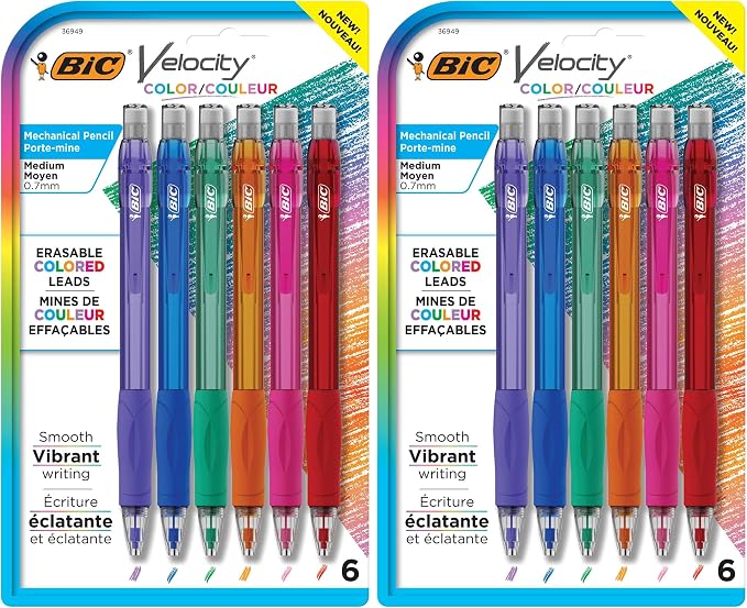 BIC Velocity Mechanical Pencils with Colored Leads, Medium Point (0.7 mm), Perfect for Drawing and Journaling (MV7CP61-AST), 6 Count (Pack of 2)