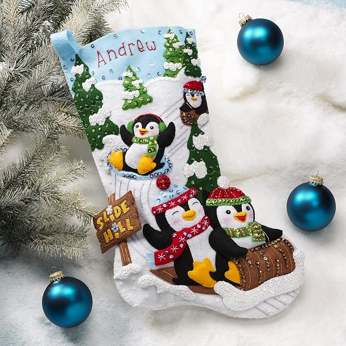 Bucilla Felt Applique 18" Stocking Making Kit, Penguins at Play, Perfect for DIY Arts and Crafts, 89481E