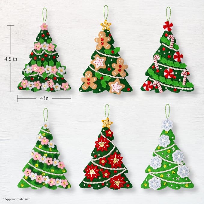 Bucilla Felt Applique 6 Piece Ornament Making Kit, Festival of Trees, Perfect for DIY Arts and Crafts Projects, 89662E
