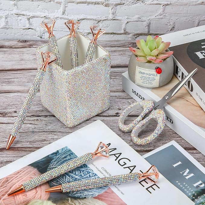 Qilery 8 Pcs Bling Desk Accessories Gift with 1 Bling Pen Holder 6 Pcs Crystal Rhinestone Pens 1 Crystal Scissors Glitter Makeup Brush Holder Valentines Gift Vanity Decor Organizer(Multicolor)