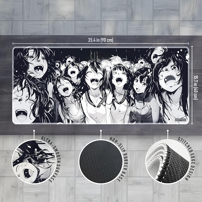 XXL Black & White Manga Gaming Mouse Pad – Large Japanese Art Desk Mat for Keyboard & Mouse – Non-Slip Water-Resistant Surface, Stitched Edges – 35.4x15.7 in (XX-Large)