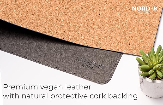 Nordik Leather Desk Mat - Cork Gunmetal Gray - Leather Desk Pad (35x17 in) | Premium Vegan Leather Desk Pad with Cable Organizer, Giftable, Extended Waterproof Mouse Mat, Non-Slip Desk Pad Protector