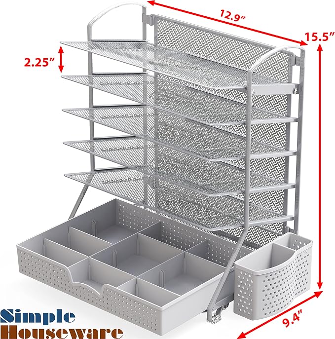 Simple Houseware 6-Tier Desk File Organizer w/Drawer & Pen Holder, Silver | 5 Tilted Letter Trays for A4 Paper, Mail and Documents