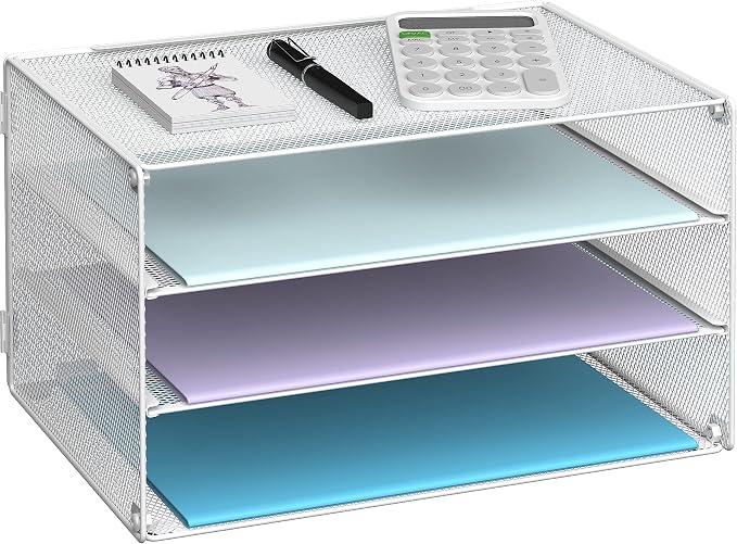 DALTACK 3 Tier Letter Tray Paper Organizer with Sliding Mesh Trays White | Metal Mesh File Organizer with Sliding Trays for Letter and A4 Paper, Mail, Bills, Folders and Office Documents