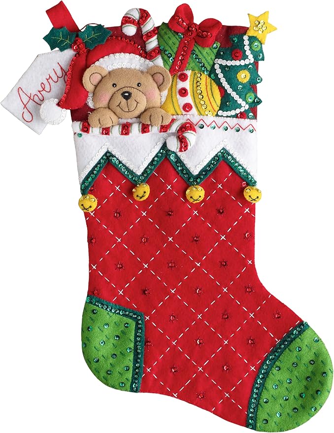 Bucilla 86815 Felt Applique Christmas Stocking Kit, 18", Holiday Teddy Stocking