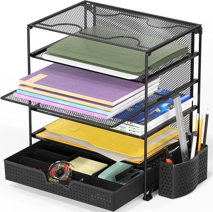 Simple Houseware 5-Tier Desk File Organizer w/Drawer & Pen Holder, Black | Desktop Tray Organizer for A4 Paper, Mail and Documents