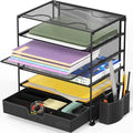 Simple Houseware 5-Tier Desk File Organizer w/Drawer & Pen Holder, Black | Desktop Tray Organizer for A4 Paper, Mail and Documents