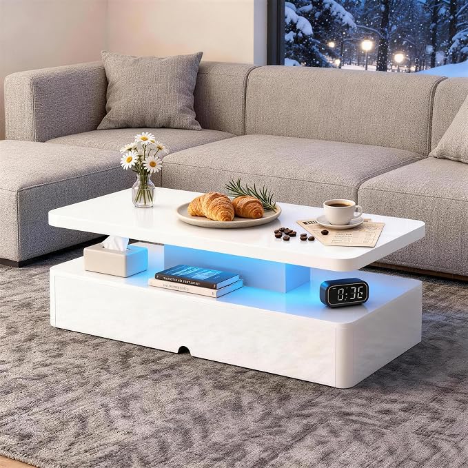 47" Modern LED Coffee Table, 2 Tier Rectangular Center Table with 16 Colors Lights & Large Storage Space, High Glossy Wooden Tea Table for Living Room, Bedroom, Home Office, White
