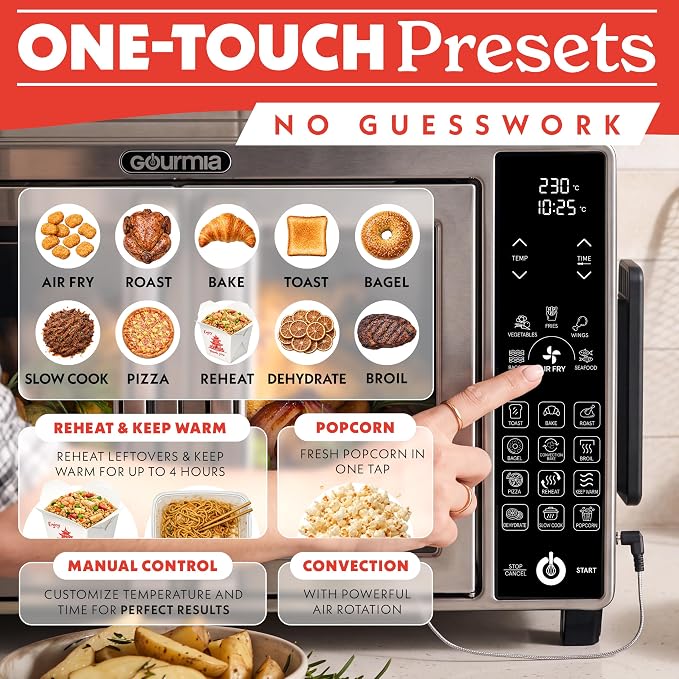 Gourmia French Door Air Fryer Toaster Oven - 6 Slice Capacity, Temperature Probe, 18 Cooking Presets, FryForce, Digital Display, 3 Rack Positions, Dishwasher-Safe Accessories, Stainless Steel