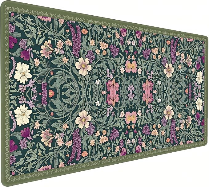 Cute Floral Aesthetic Lavender Gaming Mouse Pad, Dark Green Rug Desk Mat with Anti-Slip Base & Stitched Edges,35.4" x 15.7" in Table Mat for Computer Desktop, Beautiful Workstation Decor