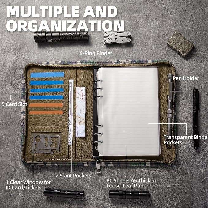 Kosibate Padfolio Ring Binder with 80 Sheets 160 Pages of Loose-Leaf Paper, Weatherproof Notebook Cover, Tactical Notebook with Zippered for Folders,Refillable 6-Ring Notepad(Camouflage,7.3"x10.1")