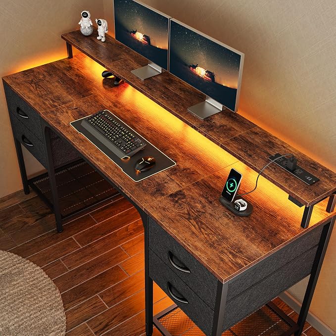 Huuger 63 inch Computer Desk with Power Outlets & 4 Drawers | Gaming Desk with LED Lights, Home Office Desk with Storage Space for Bedroom, Work from Home, Rustic Brown