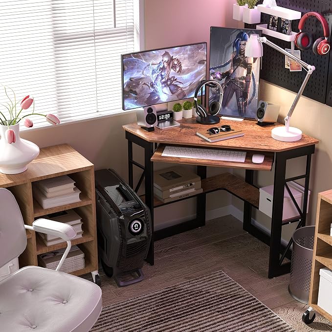 VECELO Corner Desk Computer Desk Writing Table with Smooth Keyboard Tray & Storage Shelves,Compact Home Office Triangle Table,Antique Brown