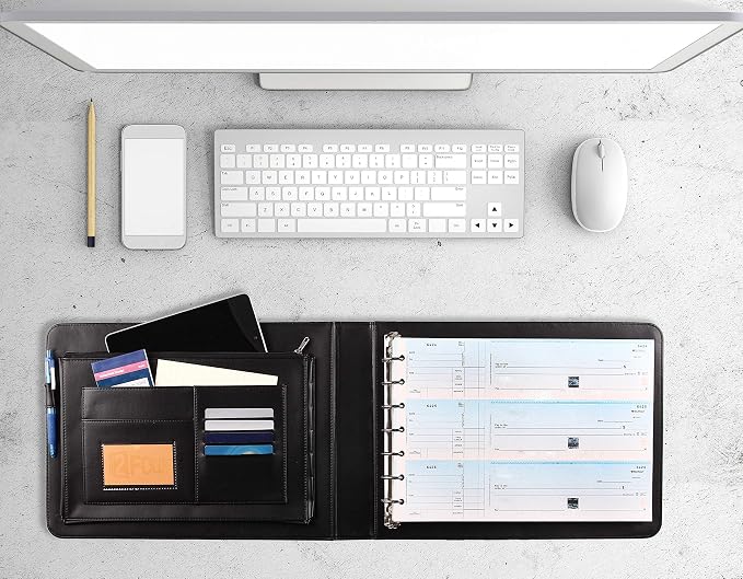 2Fold Business Check Binder 7 Ring for 3-Up Business Size Checks with Extra Business Card Case - PU Leather Deluxe 7 Ring Checkbook Binder Portfolio with 600 Check Capacity and Storage
