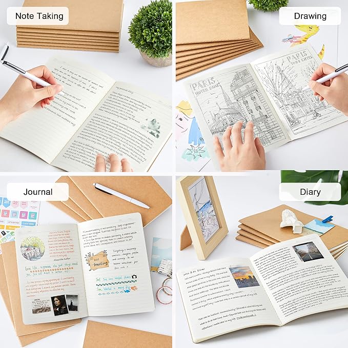feela 60 Pack Kraft Notebooks Bulk, Lined Travel Journals Note Pad Notebooks for Men Women Girls Students, Making Plans Writing Memos Office School Supplies, A5, 60 Pages, 8.3” X 5.5”