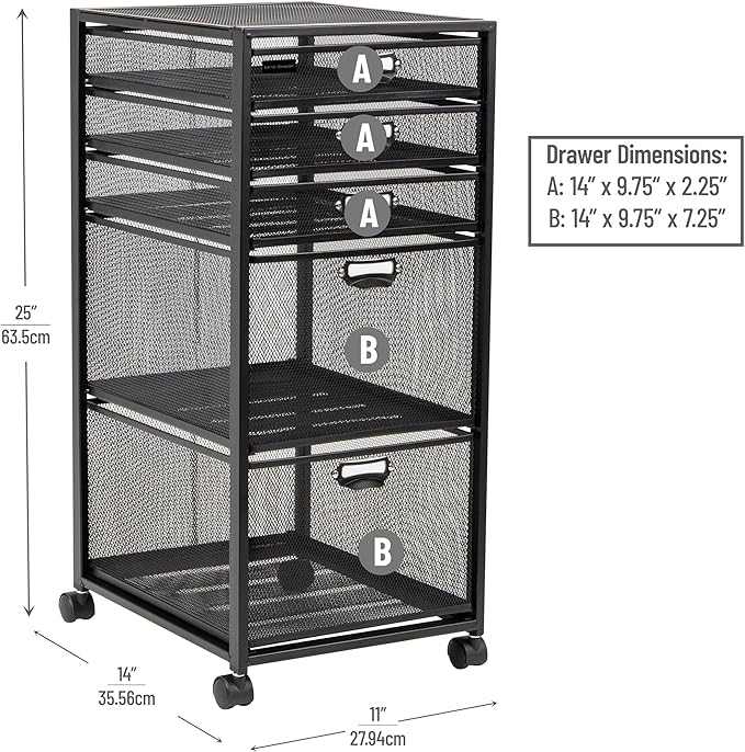 Mind Reader Vertical Office Storage Organizer with Mesh Drawers Label Holders and Optional Wheels, Metal Mesh, Black