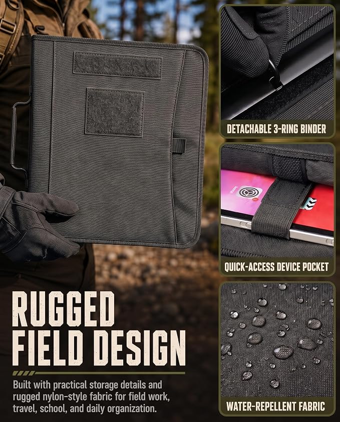 Tactical Padfolio, Detachable 3-Ring Binder with Zipper | Multi-pocket nylon organizer with carry handle, 40 letter-size sheets, pen and compass for field work, office and school