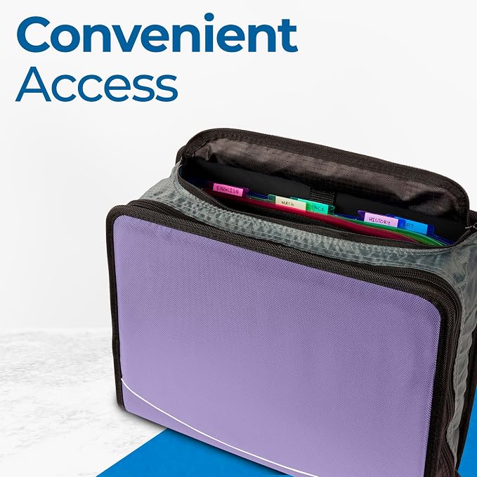 Case-it School Zipper Binder | 3-Inch O-Rings | 600-Sheet | D-146 Lavender | Mighty Zip Tab, 5-Subject Expanding File Folder, Multiple Pockets, Storage Organizer, Shoulder Strap, Office