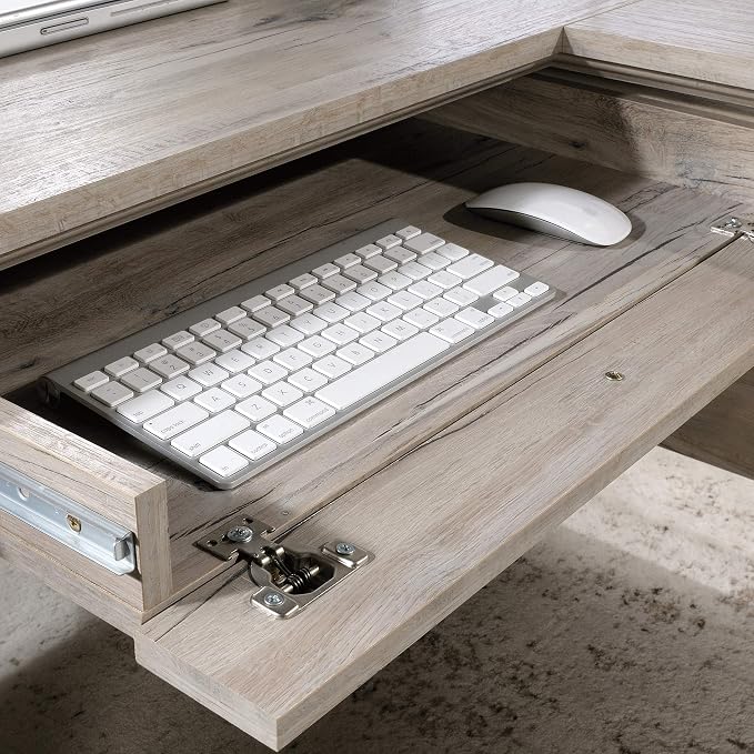 Sauder Palladia L Shaped Desk with Drawers, Office Desk with File Cabinet Storage, Cable Management, Keyboard Tray, in Split Oak finish