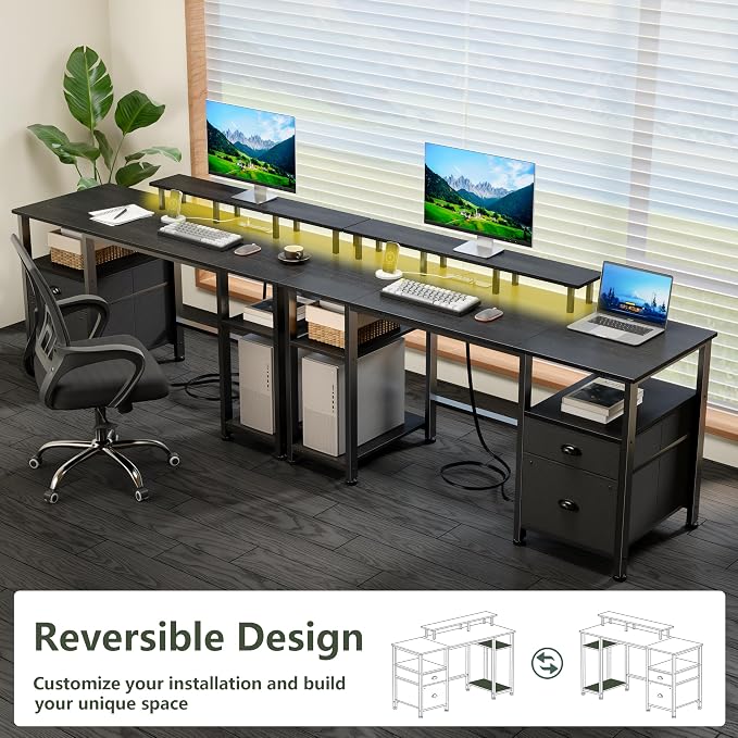 Furologee 61" Gaming Desk with Outlets & LED, Large Computer Desk, Black | AC Outlets & USB, Ergonomic Monitor Stand, Drawer & File Cabinet, Adjustable Shelf, Reversible Table for Bedroom, Dorm
