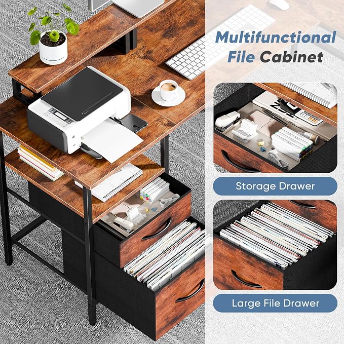 DUMOS 62 Inch L Shaped Computer Desk with Charging Station | Corner Gaming Desk with Dual Monitor Stands, Drawer & Adjustable Shelves for Home Office, Rustic Brown
