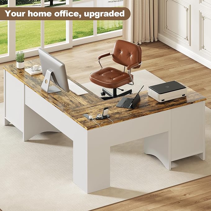 Decofy 67" L-Shaped Standing Desk, File Cabinet & Charging Station, White | Four Drawers, File Cabinet, Farmhouse Corner Desk, Wood Workstation, White Finish, For Home Office, Study and Writing