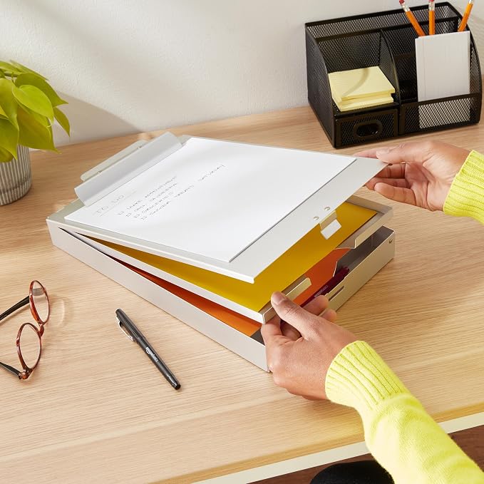 Amazon Basics Metal Clipboard with 2 Storage Compartments, Letter Size, 250 Sheet Capacity, Office Supplies with Self-Closing Latch, 14.1 x 9.2 x 2.6 inches, Silver