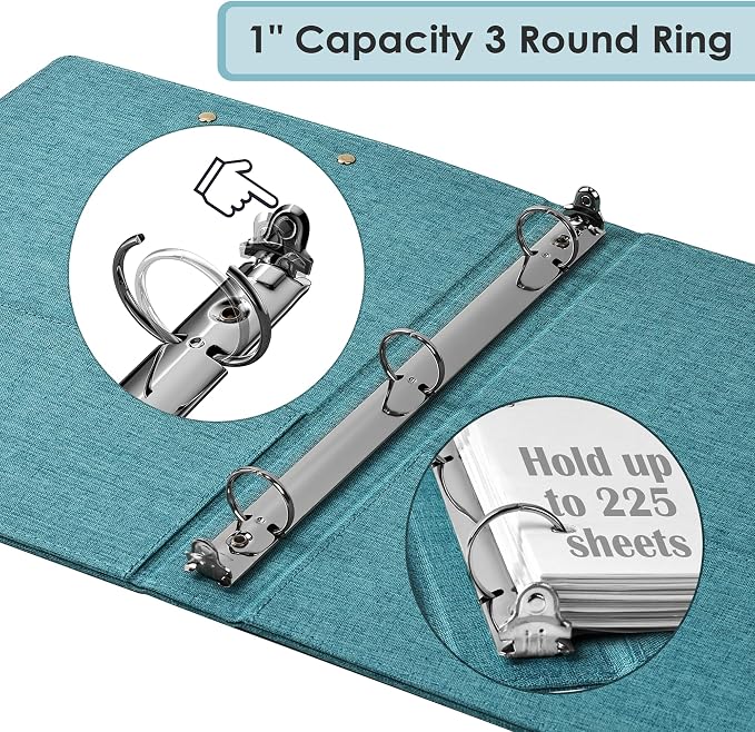 EYROZILL 3 Ring Binder, 1 Inch Linen Binder Organizer for Letter Size (8.5" x 11") with 5 Tab Dividers, File Folder Labels and Low Profile Clipboards, School and Office Supplies-Aqua Blue