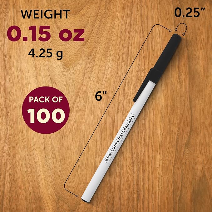 DISCOUNT PROMOS Custom Value Stick Pens Set of 100, Personalized Bulk Pack - Black Ink, Great for Office, School, Business, Tradeshows, Events - Black