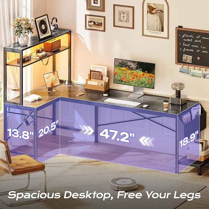 L Shaped Gaming Desk with LED Lights & Power Outlets | Reversible Computer Desk with Storage Shelves & Bag, Large Corner Home Office Desk with Pegboard for Work from Home, Grey