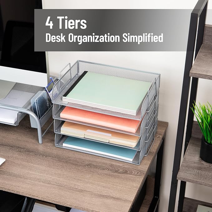 Mind Reader Stackable Paper Tray, Desktop Organizer, File Storage, Office, Metal Mesh, 4 Pcs., Silver