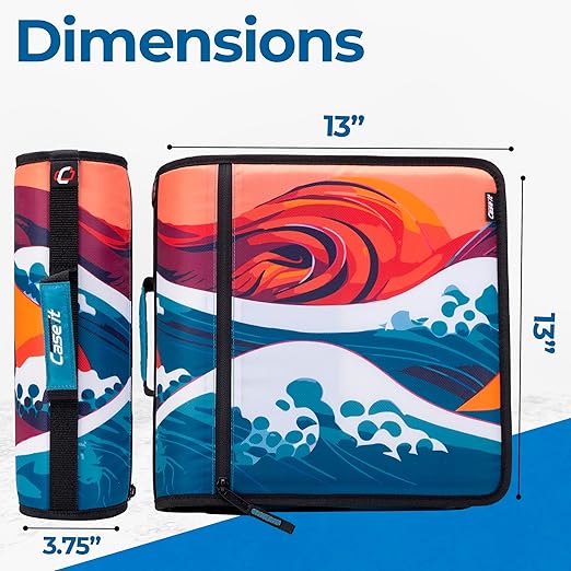 Case-it School Zipper Binder | 3-Inch O-Rings | 600-Sheet | D-146 Wave | Mighty Zip Tab, 5-Subject Expanding File Folder, Multiple Pockets, Storage Organizer, Shoulder Strap, Office