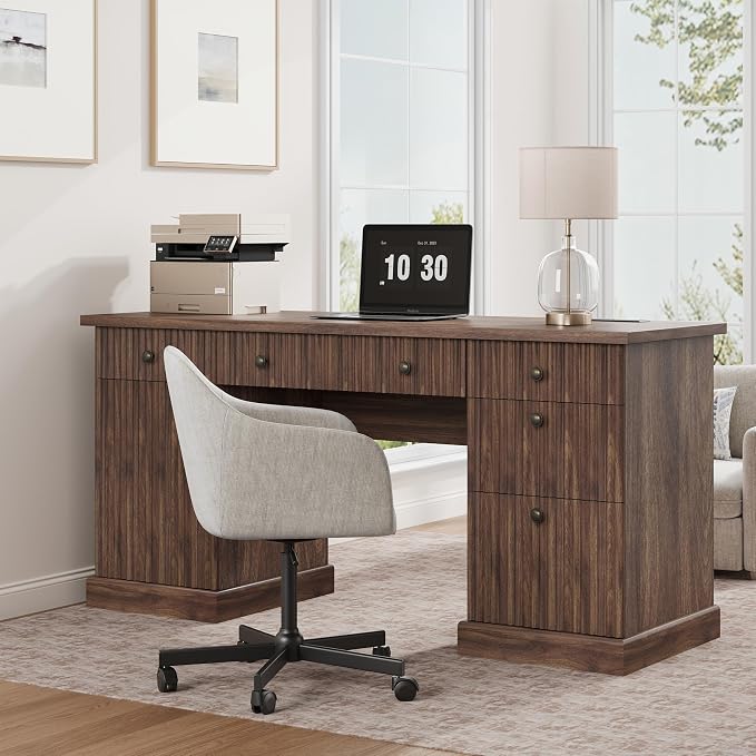 Garvee 60" Office Desk with Storage & Drawers for Home Office, Brown | Fluted Wood Executive Desk with File Drawer & Charging Station, Modern Computer Desk with Adjustable Shelves