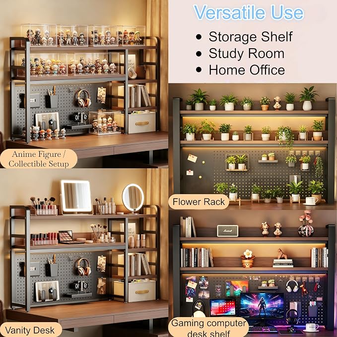 Desktop Hutch Bookshelf, 2-Tier Metal Desk Shelf for Top of Desk | Heavy Duty Countertop Organizer Rack with Peg Board & Accessories Space-Saving Storage for Dorm, Office & Home