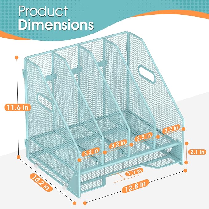 4 Vertical Mesh Desk Organizer with Paper Letter Tray, Blue | Sorting racks with lower letter tray section. Multipurpose mesh desktop space saver for home office and school