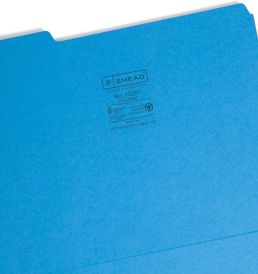 Smead Interior File Folder, 1/3-Cut Tab, Letter Size, Sky Blue, 100 per Box, Expandable File Folders for Filing Cabinet