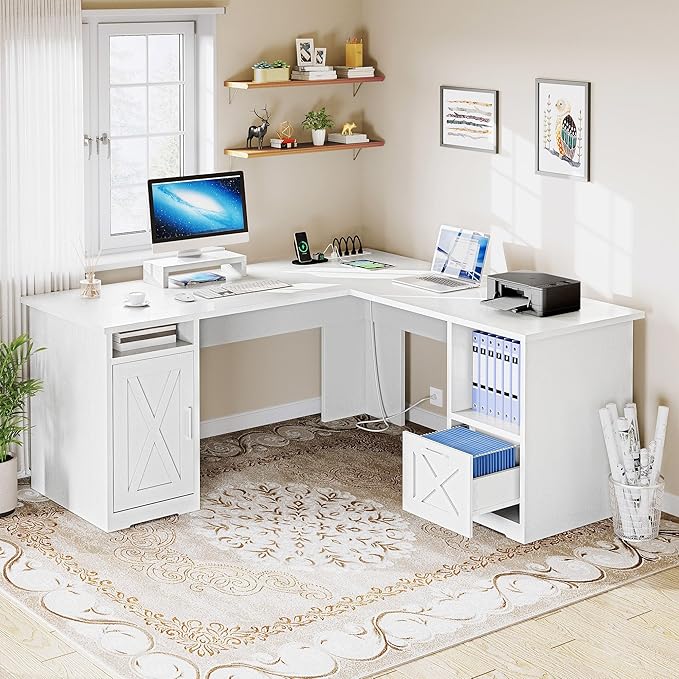 YITAHOME L Shaped Desk with Power Outlets | Computer Desk Corner Desk with File Drawer, Home Office Desk with Monitor Stand & Storage Shelves