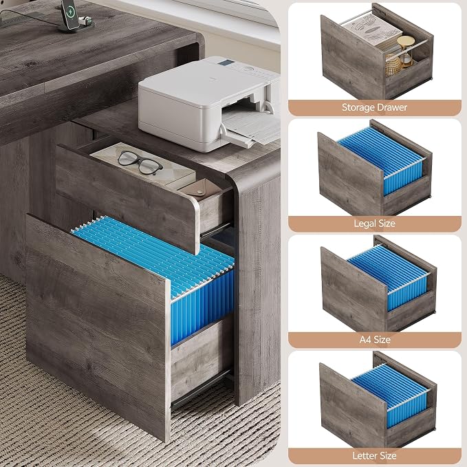 78" L-Shaped Executive Desk with Mobile File Cabinet, Grey Oak | Mid-Century L-Desk with Mobile File Cabinet, Drawers & Power Hub (4AC+2USB) Waterfall Edge. Large Workspace for Home Office